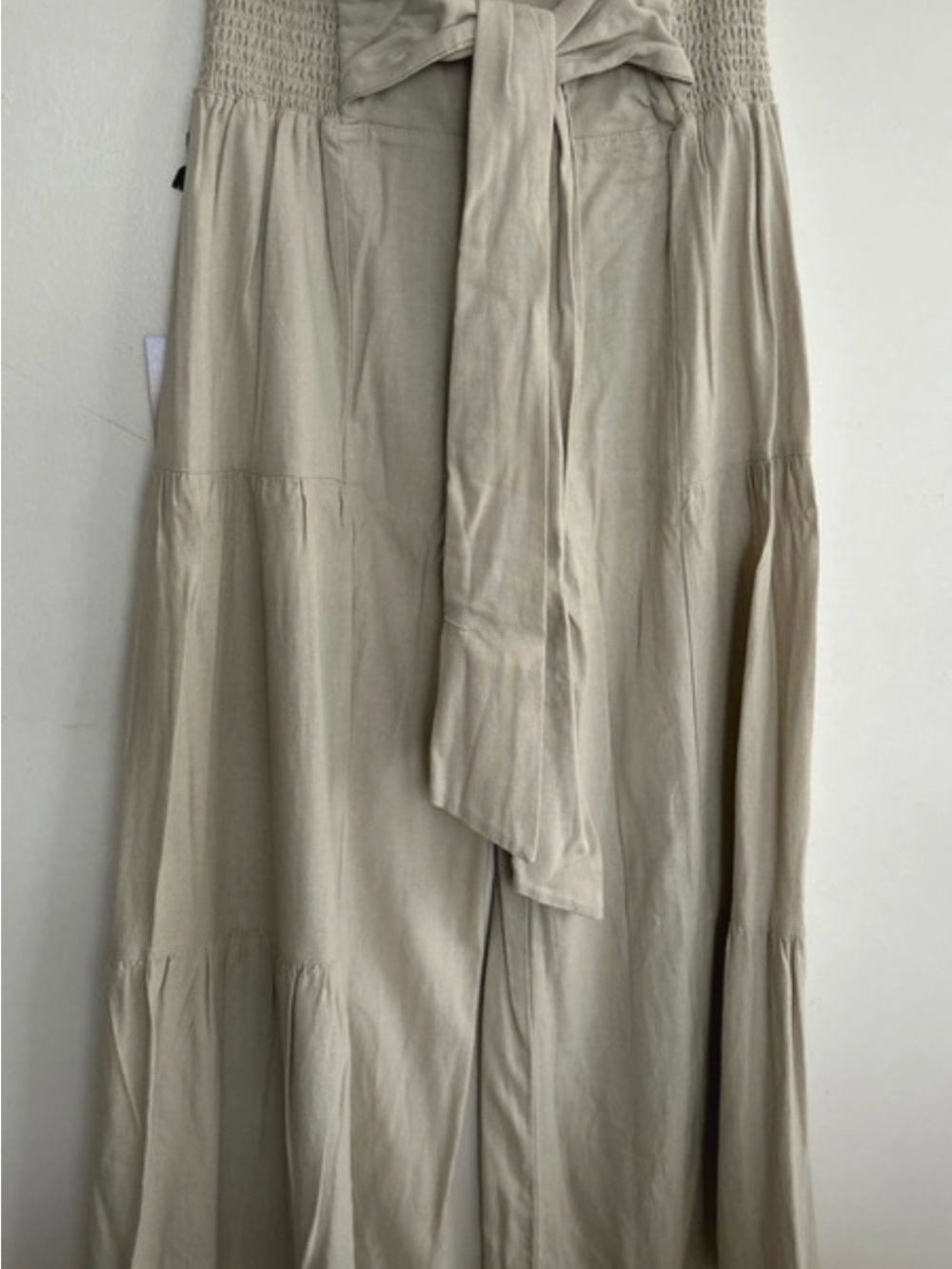 Neutral Cream Tiered Maxi Skirt with Smocked Waist and Waist Tie